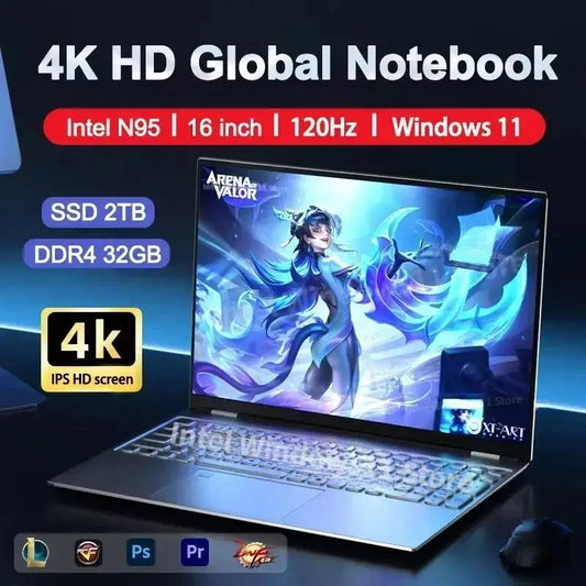2025 High-Performance Laptop – Intel N95, 32GB+2TB, 4K 120Hz Screen, Windows 11 Pro, Office, Fingerprint Unlock